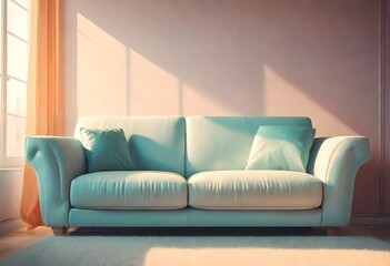 modern living room, sofa with pillows, soft theme of the room 
