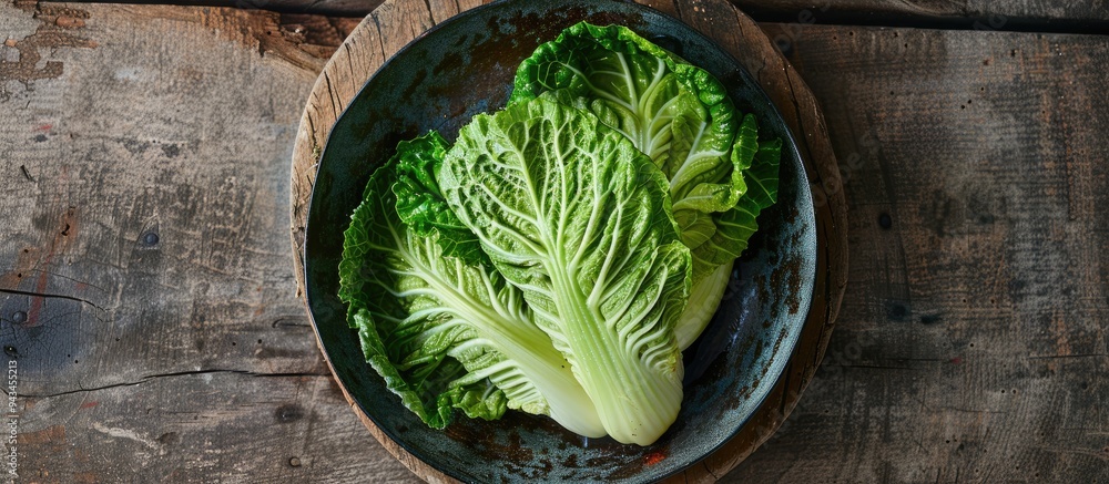 Poster Chinese cabbage pickled and fermented in a pan with a wooden backdrop viewed from above providing a space for additional images