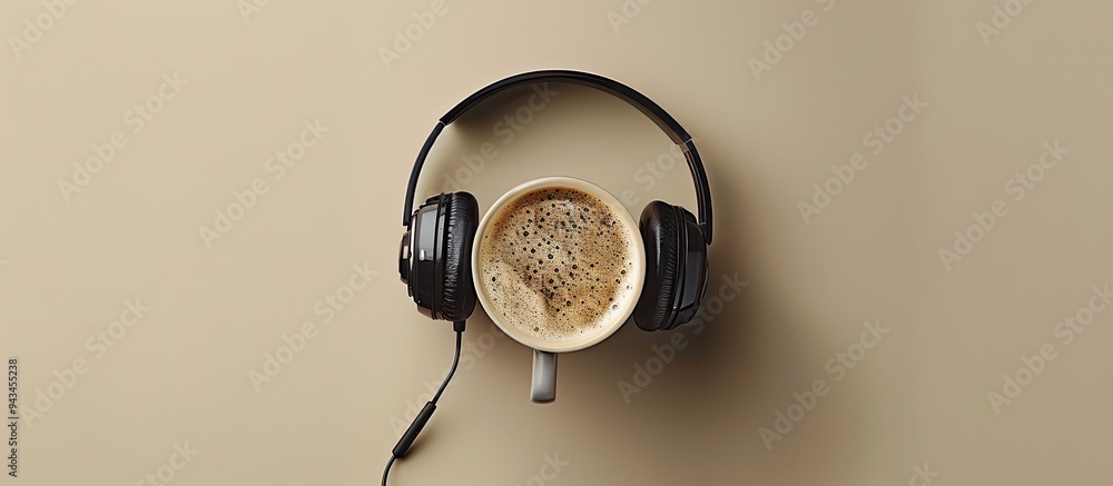 Poster an overhead view capturing a coffee cup and headphones with space for text or images. creative banne