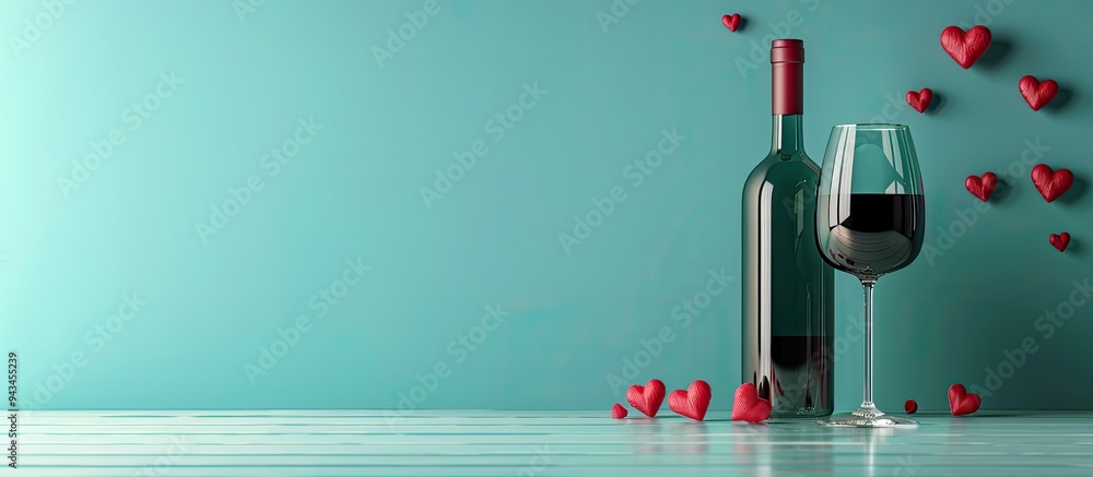 Poster valentine s day composition featuring a wine bottle and glass on a turquoise backdrop with copy spac