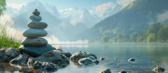 Zen inspired arrangement of shoreline stones with a serene ambiance creating a picturesque stack of rocks by the lake ideal for a copy space image