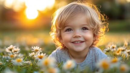 Joyful child in meadow with sunlight illuminating face