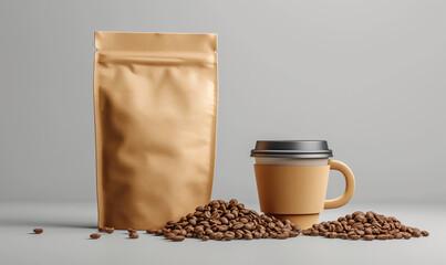 Packaging of coffee on a wooden table with coffee, ground beans on a blurred background. Coffee packaging mockup with empty space for design.
