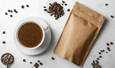 Packaging of coffee on a wooden table with coffee, ground beans on a blurred background. Coffee packaging mockup with empty space for design.