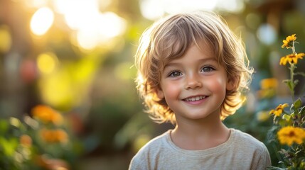 Blonde boy smiling in sunlit garden with yellow blooms