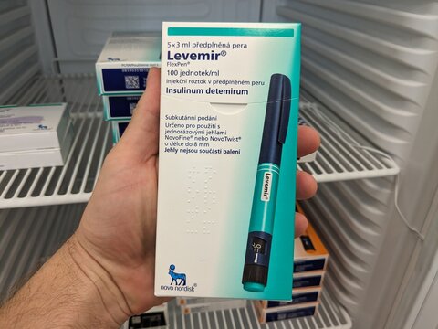Prague, Czech Republic - August 28 2024: LEVEMIR pen with INSULIN DETEMIR active substance by NOVO NORDISK, used for blood sugar control in diabetes.

