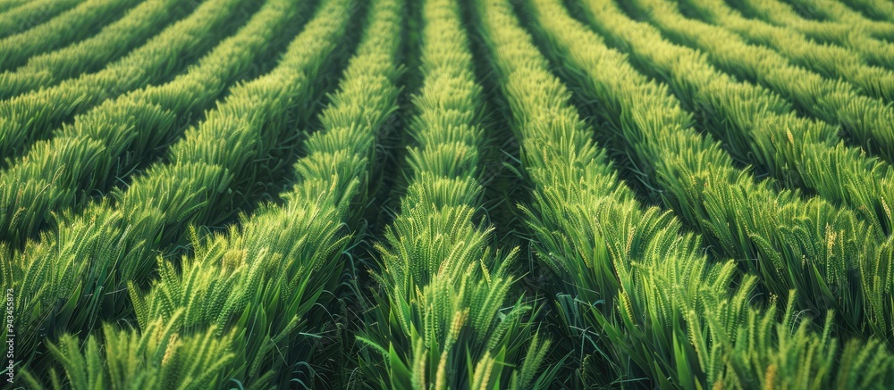 Poster fertile agricultural land with a symmetrical pattern of green cereal crop sprouts such as wheat barl