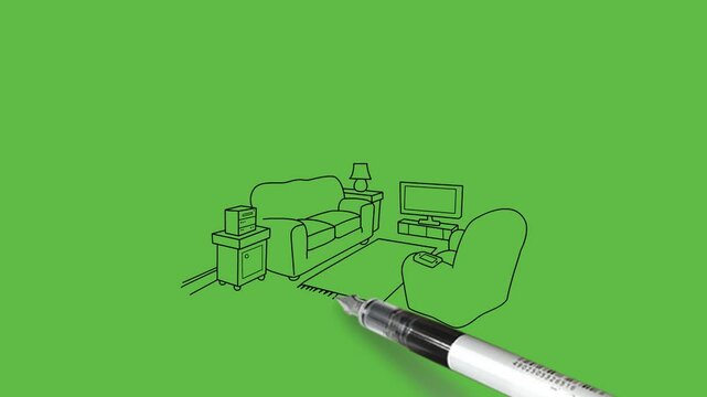 draw outline sketch of modern living room with sofa-set for seating plan, television, table-lamp, hanging globe, mat etc with black outline on abstract green screen background     
