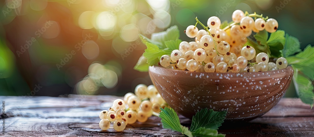 Aufkleber Close up view of a bowl with fresh white currant berries on a wooden table ideal for adding text in the empty area in the photo a copy space image