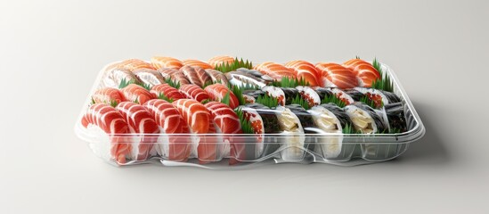 Plastic container showcasing various wrapped food items with copy space image available