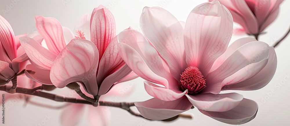 Leinwandbilder A pink magnolia flower in full bloom showcasing wide petals with a gradient fading from dark pink to light pink all set against a branch with multiple similar flowers perfect for a copy space image