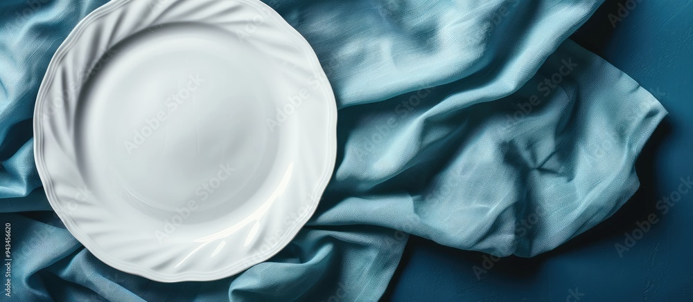 Poster white porcelain plate on linen covering a blue background ideal for food styling with ample copy spa