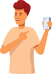 Young man showing smartphone and pointing with finger. Cheerful guy holding mobile phone with contacts