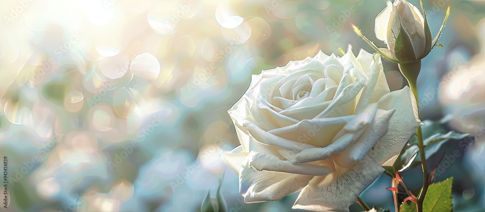 Poster white rose in full bloom in a summer garden delicate and fragrant with copy space image