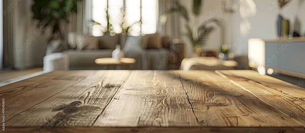 Leinwandbilder wooden table with no items placed on it set against a blurred scandinavian living space ideal for sh