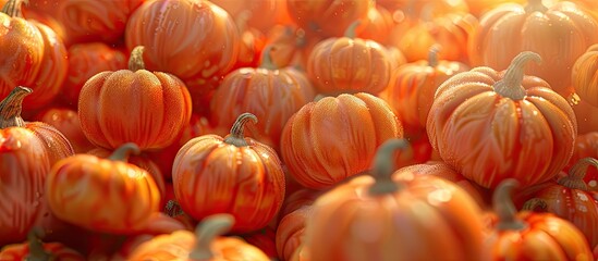 A close up copy space image featuring numerous vibrant orange gourds and pumpkins