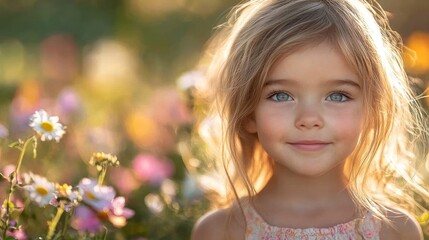 Smiling girl with daisies in a sunlit meadow
