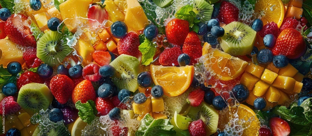 Poster A vibrant scene featuring an array of colorful fruit salads overflowing with fresh cut delights creating a captivating copy space image