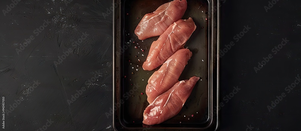Poster a steel tray holds raw chicken breast fillet steaks with a black background seen from above with spa