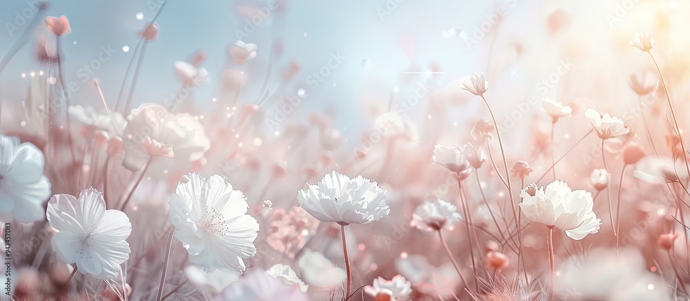 Aufkleber soft white pastel flowers with a romantic essence set against a blurred nature backdrop creating a s