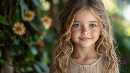 Fototapeta premium Blonde girl with blue eyes in flower garden smiling