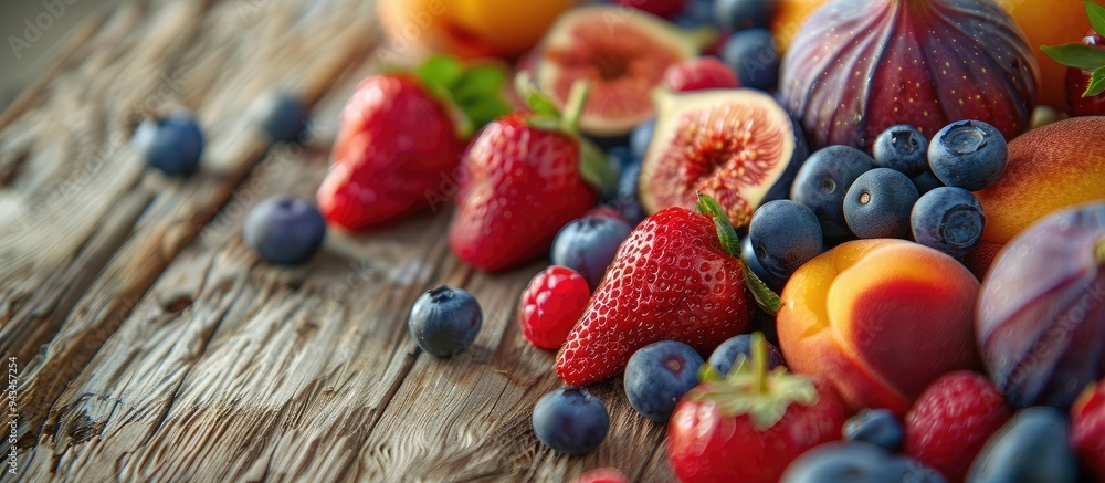 Poster close up view of fresh fruits like figs peaches apricots blueberries and strawberries arranged on a 