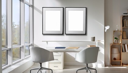 White workspace interior with board and drawer, window. Mockup frames
