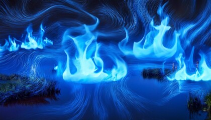 swirling flames magic blue flames anime style blue flames flickering on top of water marshland background