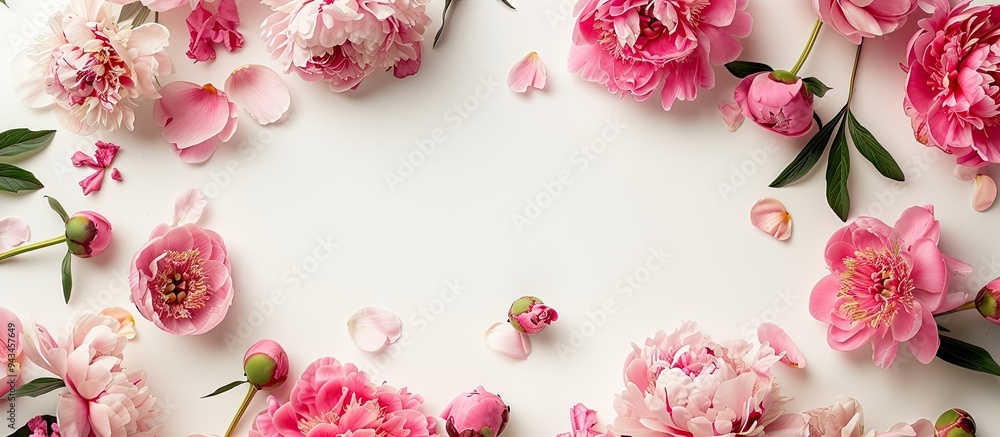 Poster Pink peony flowers arranged in a frame on a white background for a flat lay view with top view perspective providing copy space for an image