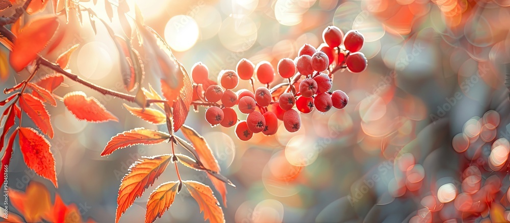 Poster a picturesque fall scene displaying rowan leaves on a tree branch with sunlight shining through high