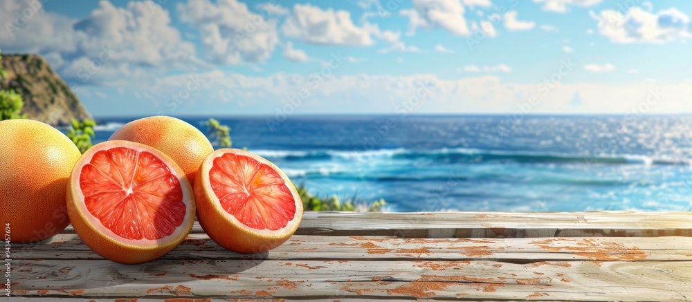 Poster Fresh grapefruit halves on a wooden table with a scenic sea and sky background for a copy space image