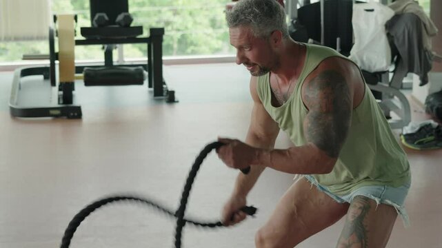 Man performing a battle rope workout in the gym. Focused on strength training, fitness, and physical conditioning.