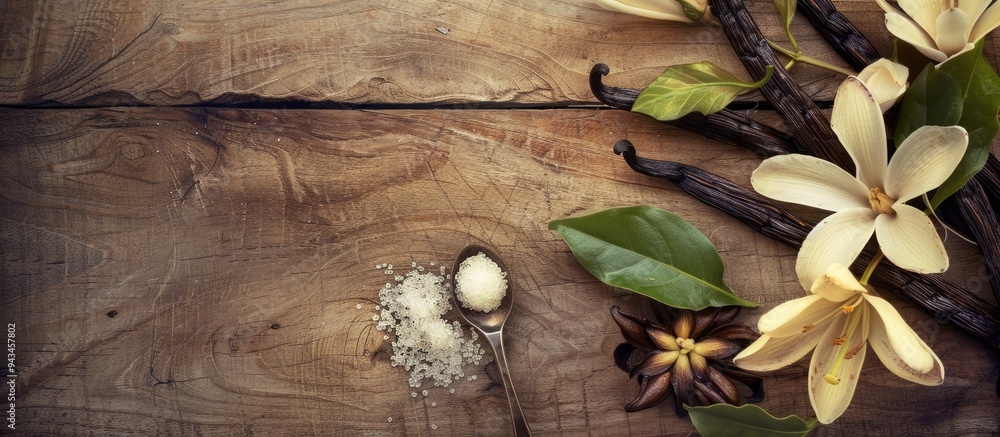 Leinwandbilder close up view of vanilla pods flowers and leaves with a sugar filled spoon displayed on a wooden tab