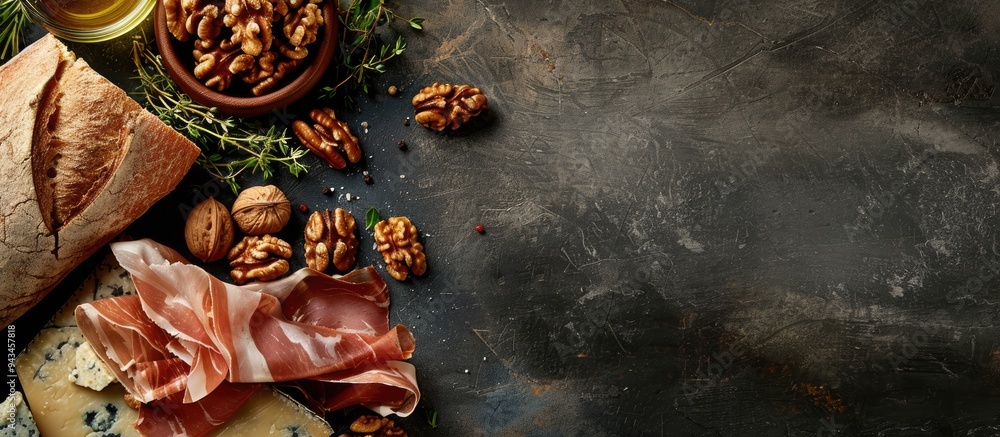 Poster Traditional Mediterranean snacks featuring prosciutto blue cheese baguette walnuts and thyme with a rustic setting and copy space image