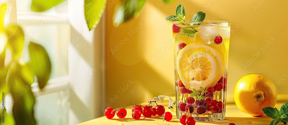 Poster fresh lemonade with red berries and fruits in a glass set against a bright background showcasing cop