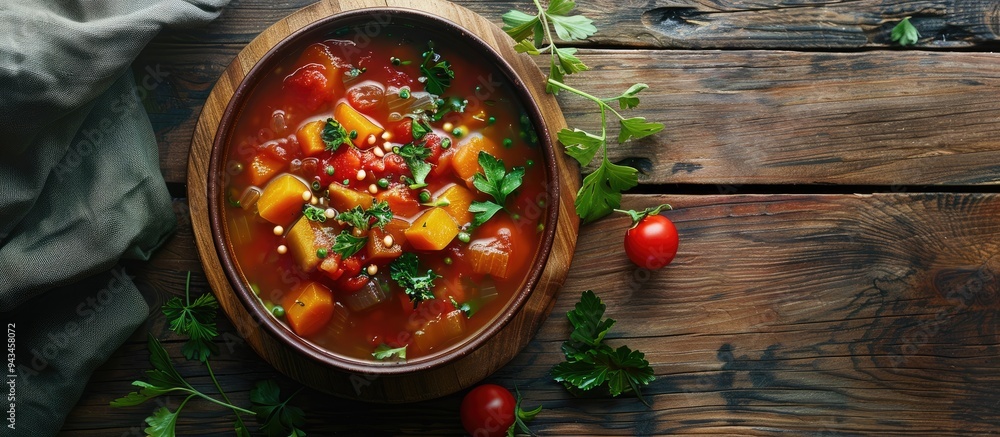 Poster a delightful vegetable soup in a bowl with a visually appealing copy space image