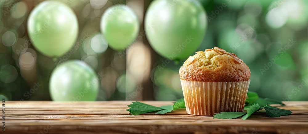 Aufkleber almond muffin on a wooden surface with a background of blurred green balloons providing a rustic atm
