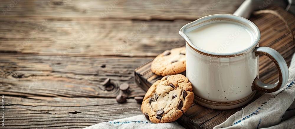 Poster Above view of a jug of fresh milk and cookie on a wooden table with a space for text in the image. Creative banner. Copyspace image