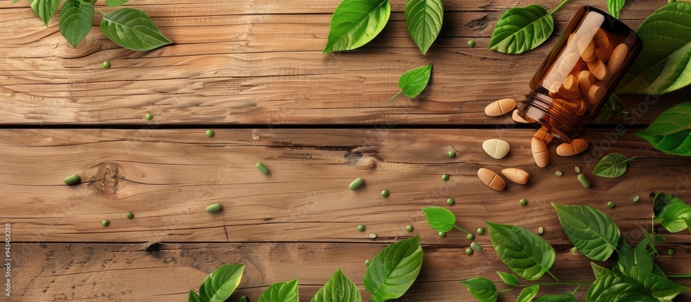 Poster Top view of a bottle with pills and green leaves on a wooden background creating a visually pleasing copy space image