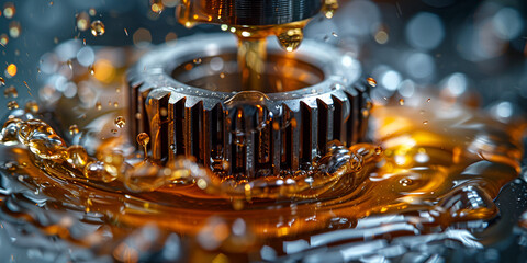 Close-up of a mechanical gear in motion with oil lubrication and detailed textures, High-precision industrial gear coated with oil for smooth operation in a machine