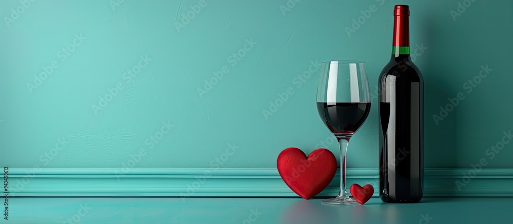 Poster Valentine s Day composition featuring a wine bottle and glass on a turquoise backdrop with copy space image