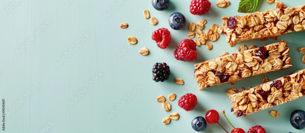 Poster top view of delectable homemade granola bars and fresh berries arranged on a pale green surface feat