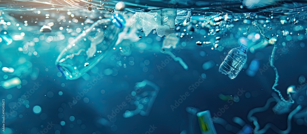 Poster plastic waste pollutant submerged underwater against a backdrop of the blue sea creating an environm