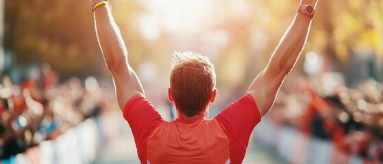 Triumphant Marathon Runner Crossing Finish Line Amid Cheers and Medals - Concept of Achievement and Elation