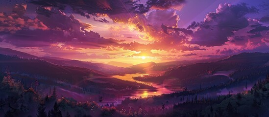 Dramatic vibrant sunset over a scenic landscape showcasing nature with a stunning purple pink and gold sky at dusk providing an image with copy space