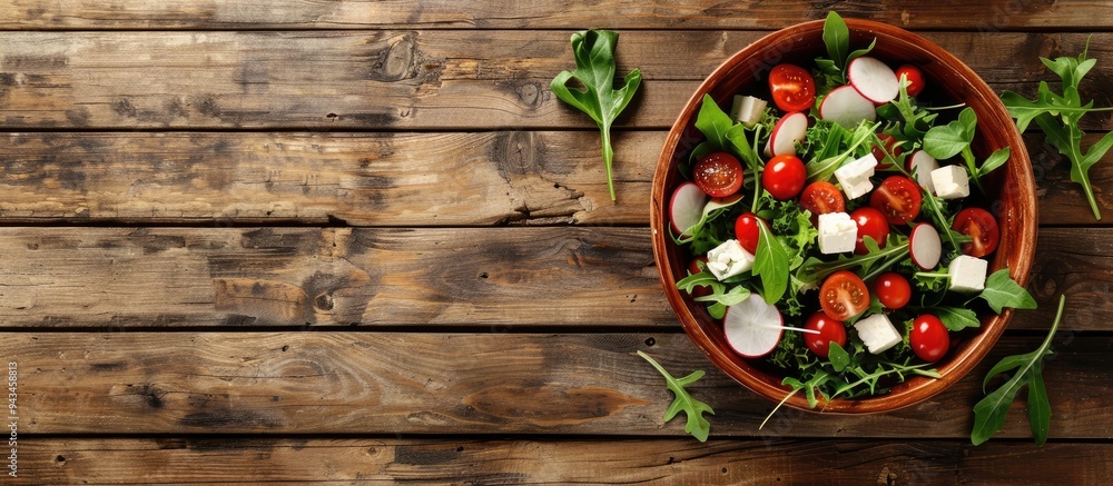 Poster fresh vegetable salad with radish and feta cheese in a bowl on a wooden background ideal for copy sp
