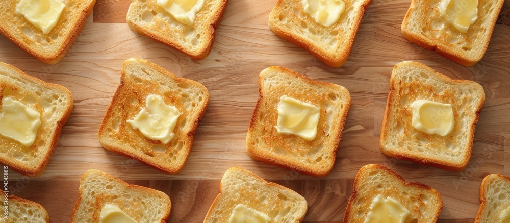 Aufkleber Top down view of buttered toast slices on a wooden surface against a gray backdrop ample copy space image available