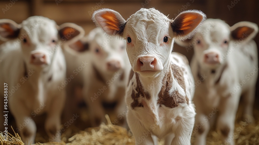 Poster a group of baby cows are standing in a field of hay