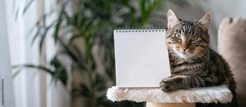 Poster A cat rests on a cat tower while a hand holds a blank notepad near it for a copy space image