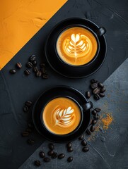 Two lattes with elegant foam art in black cups are placed on a dark, minimalist, multicoloured background, creating a simple yet sophisticated coffee presentation.